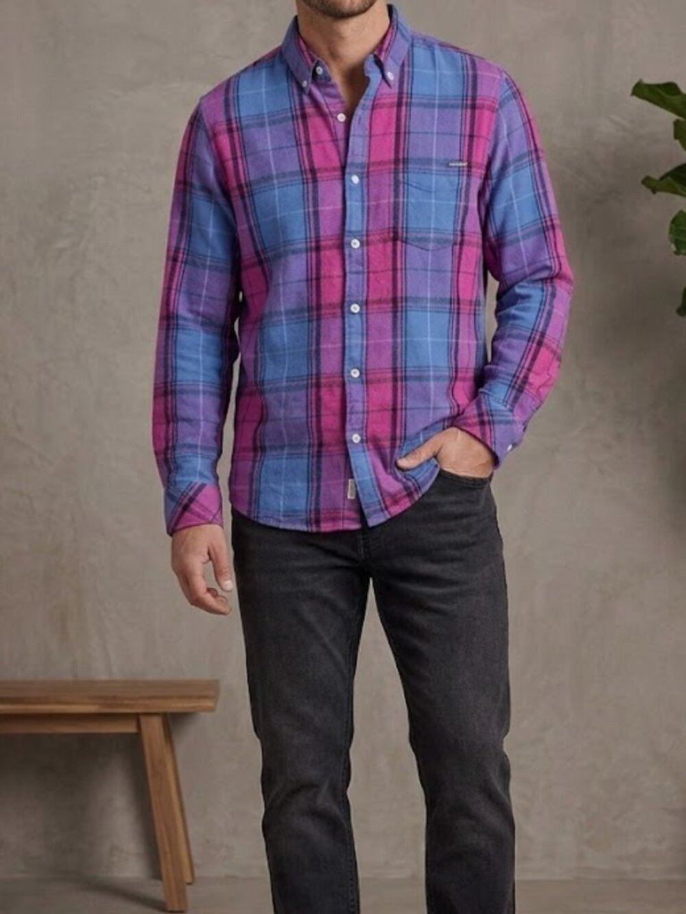 Chubbies Men's Flannel Button Up Shirt Size Large Purple Blue Plaid Long Sleeve